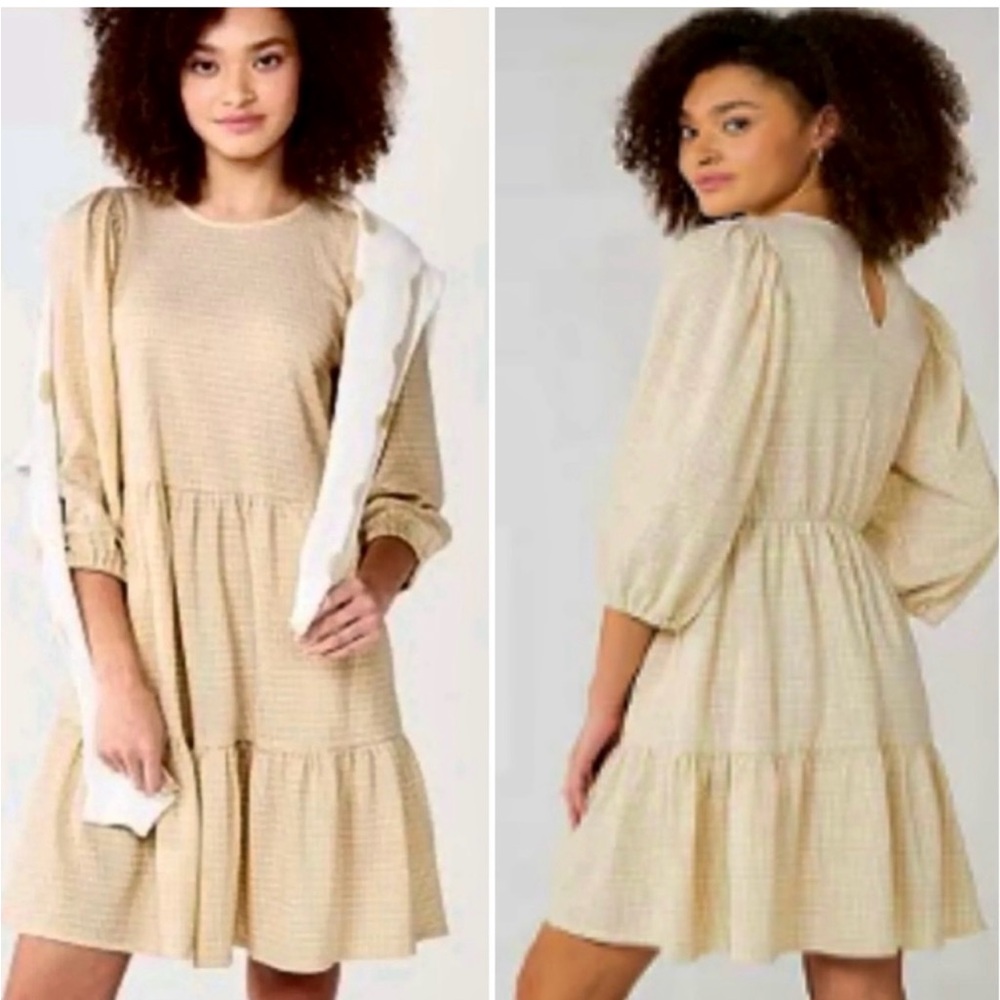 Draper, James RSVP gold and cream houndstooth tiered pocket dress